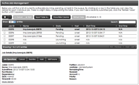 MyLC's Job Management interface to monitor an existing ("active") job. 