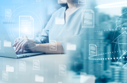 stock image of woman working at a computer with documents superimposed on top