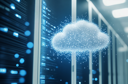 stylized cloud in front of a bank of data center servers