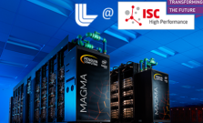 Magma supercomputer in dramatic blue lighting, overlaid with LLNL logo and ISC22 logo
