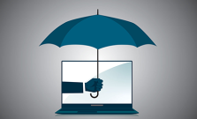 An arm reaching out from a computer screen and protecting the computer with an umbrella