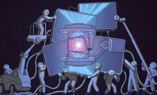 An illustrated image of people working together to hold up several display screens, which when combined show a fusion reactor