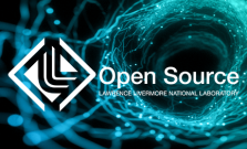 LLNL open source logo in white with full Lab name spelled out, both overlaid on a black background and a pattern of interconnected teal swirls and dots