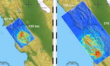 side-by-side topographical maps of the California Bay Area with Hayward Fault highlighted in blue and earthquake growth depicted in rainbow colors 