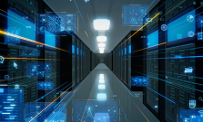 looking between rows of a supercomputer’s racks, superimposed with various images of data analysis graphs and plots