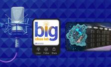 collage of microphone, podcast logo, molecule, and supercomputer