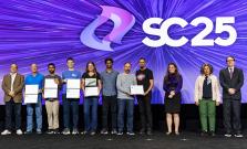 group accepting their Gordon Bell prizes with the SC25 logo in the back