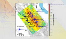 Simulated strength of shaking from a magnitude 7.0 Hayward Fault earthquake showing peak ground velocity (colorbar) and seismograms (blue) at selected locations (triangles).