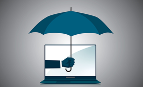 An arm reaching out from a computer screen and protecting the computer with an umbrella