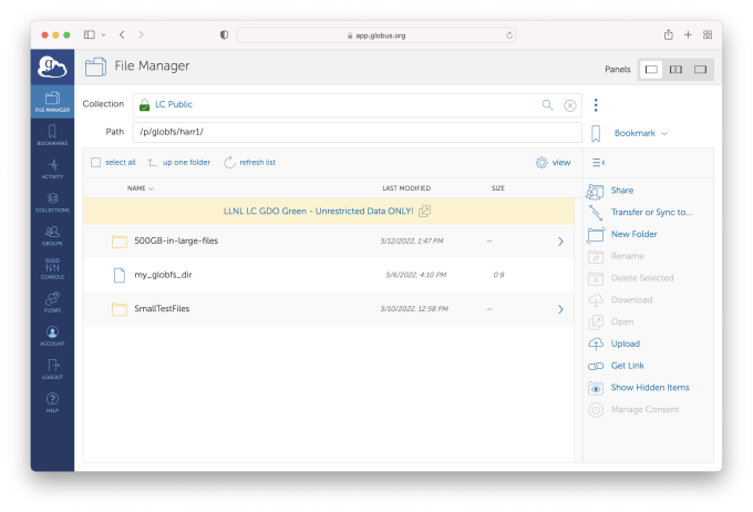 Globus File Manager listing