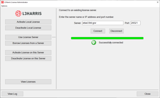 A screenshot of the L3Harris License Administrator showing a proper license server connection configuration.