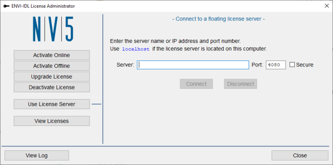 A screenshot of the ENVI-IDL License Administrator showing where to configure the license server connection.