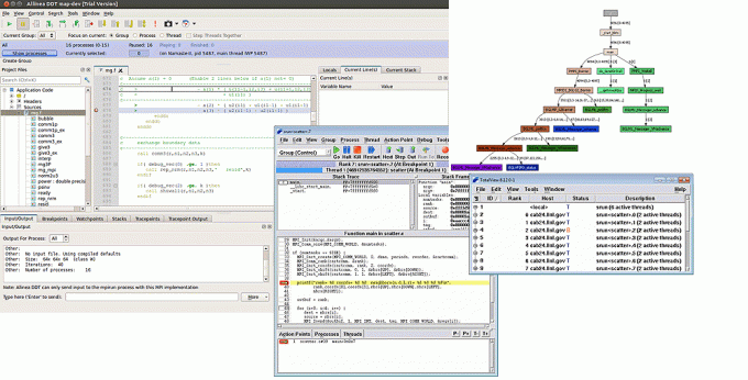 Screenshots of various debugging tools (Allinea DDT, Totalview, STAT, Inspector)