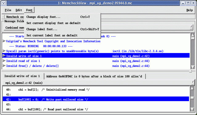 Screenshot of Font menu open and invalid write message selected.