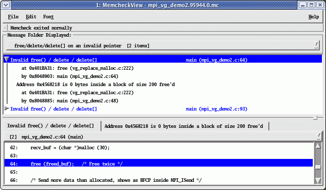 Invalid free on line 64 of a buffer already freed on line 48 of mpi_vg_demo2.c.