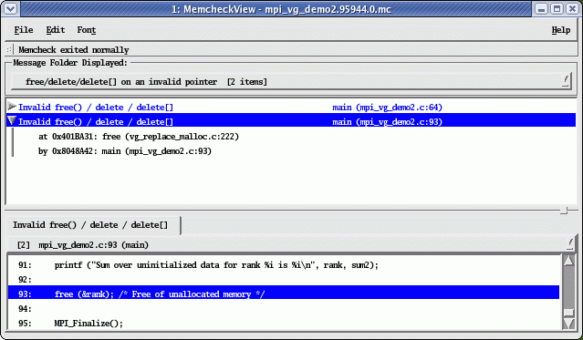 Invalid free on line 93 of an address that was not allocated using malloc.