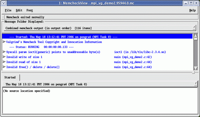 Initial GUI view after running 'memcheckview mpi_vg_demo2.95944.0.mc'.
