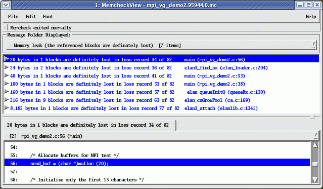 Memcheck detects that no pointers exist to the 20 bytes allocated on line 56.