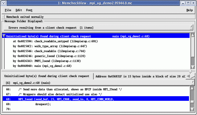 Partially uninitialized parameter (send_buf) caught with MPI wrapper's client check request.