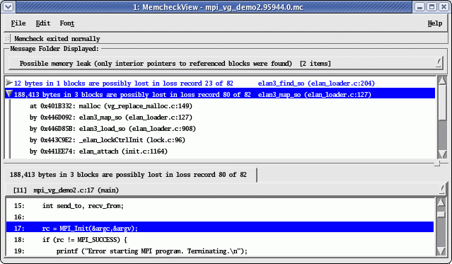 Memcheck detects only a pointer to the middle of a block allocated in MPI_Init.