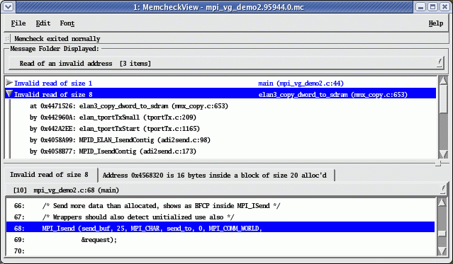  MPI_Isend parameters tell MPI to send more data (25 bytes) than allocated (20 bytes).