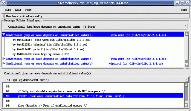 Uninitialized parameter (sum2) passed to printf causes several Memcheck warnings.