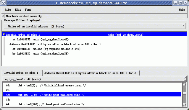 Write to an invalid address one byte past the end of malloced data.