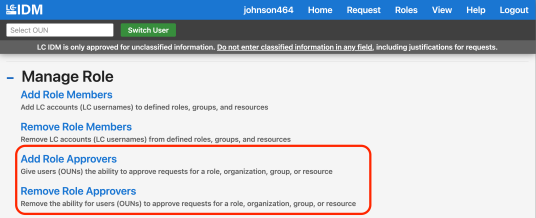 The menu to manage roles in IDM, with the Add Role Approver and Remove Role Approver requests circled in red