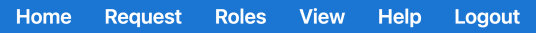 IDM blue menu bar with the options home, request, roles, view, help, and logout