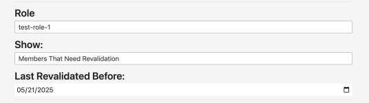 3 drop down menus, titled Role, Show, and Last Revalidated Before