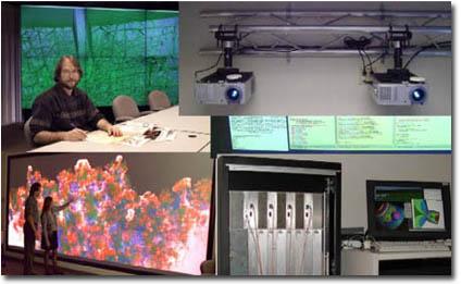 collage of different power wall theaters at the lab