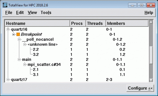 screen shot of TotalView hostname menu