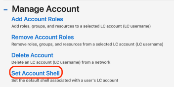 The requests menu in IDM, scrolled down to the Manage Accounts section with a red circle around the Set Account Shell link