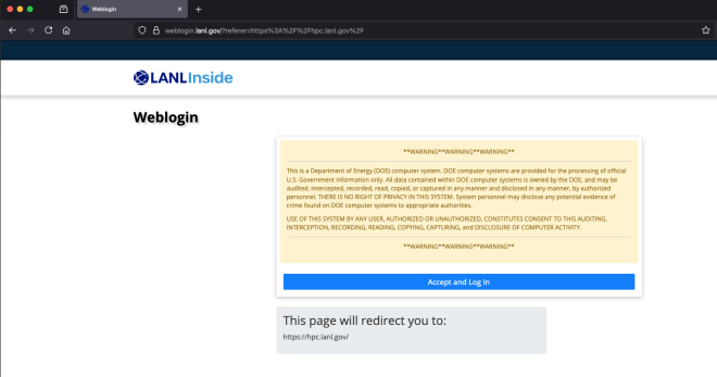 LANL Web Login page LANL Web Login page