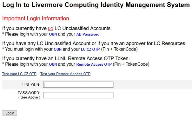 Livermore Computing Identity Management System, login screen