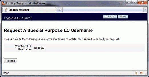 Request a Special Purpose LC Username window, screenshot