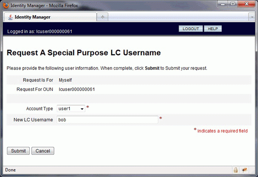 Request a Special Purpose LC Username, screen to fill out