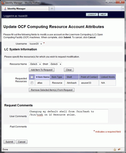 updated OCF computing resource account attributes menu, screenshot