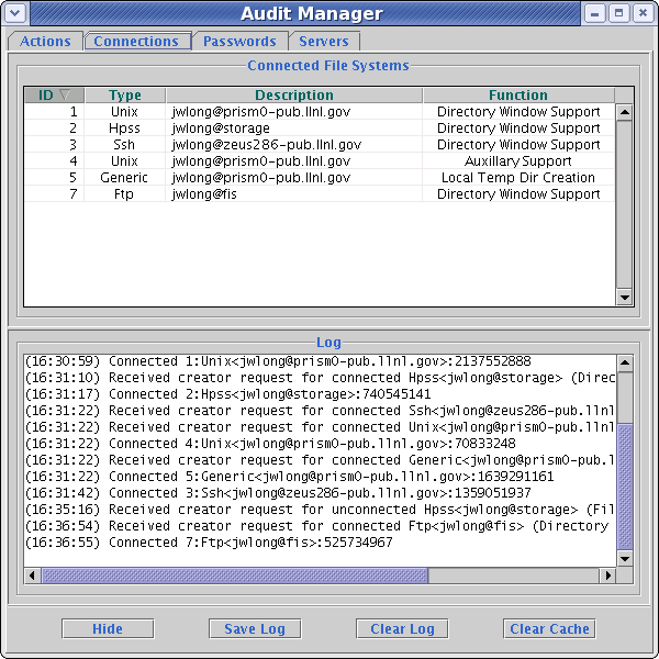 Audit manager connections tab