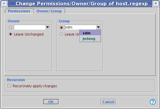 Change Permissions/Owner/Group dialog window