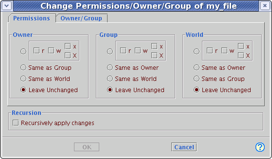 Change permissions dialog window with features selected