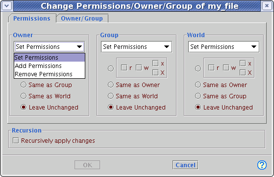 Chaneg permissions dialog window with all options available