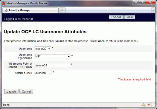 OCF LC Username Attributes screen