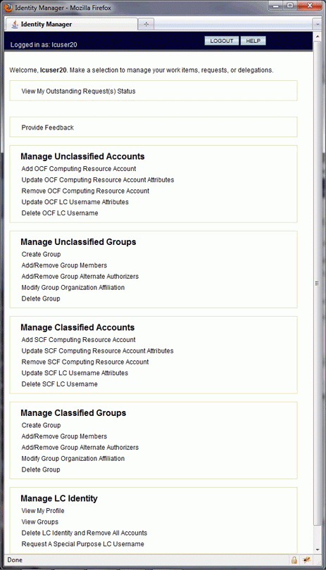 identity manager main menu, screenshot