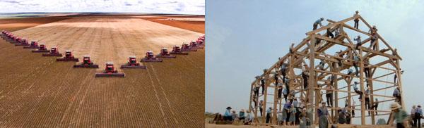 Tasks are completed faster with more resources, as shown with several people constructing a house and several plows on a field.