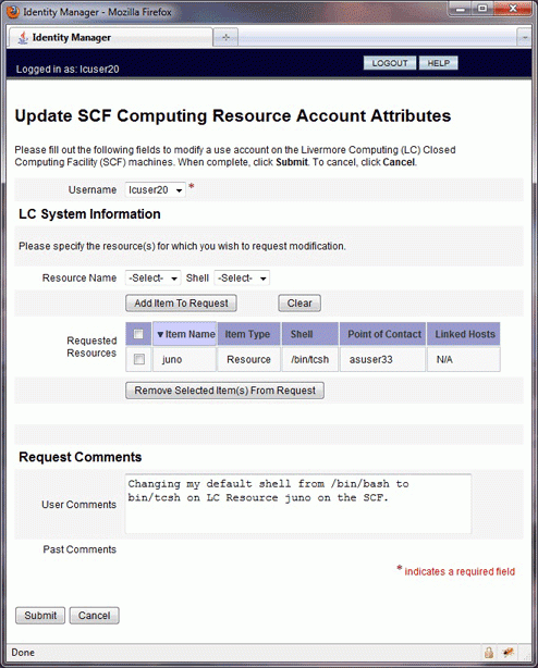 update SCF computing resource account attributes menu, screenshot