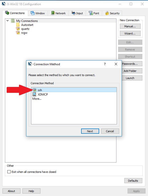 Connection Method dialog box window, screenshot