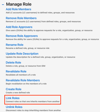 The "Link Roles" action is under the "Manage Role" section on the "Requests" page on IDM