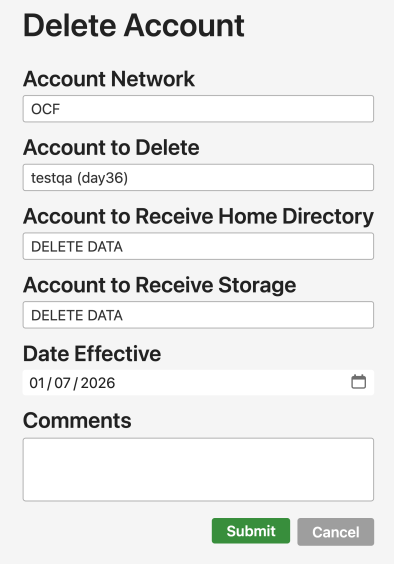 The fields to fill out when requesting an account be deleted in IDM
