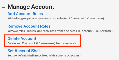 "Delete Account" request option is highlighted under the "Manage Account" section